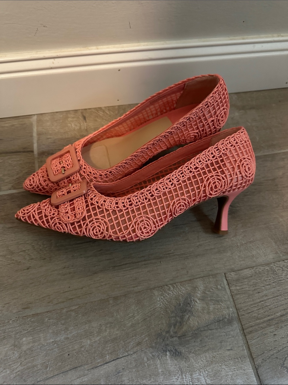 Alex Marie Coral Pink Woven Pointed Toe Heels